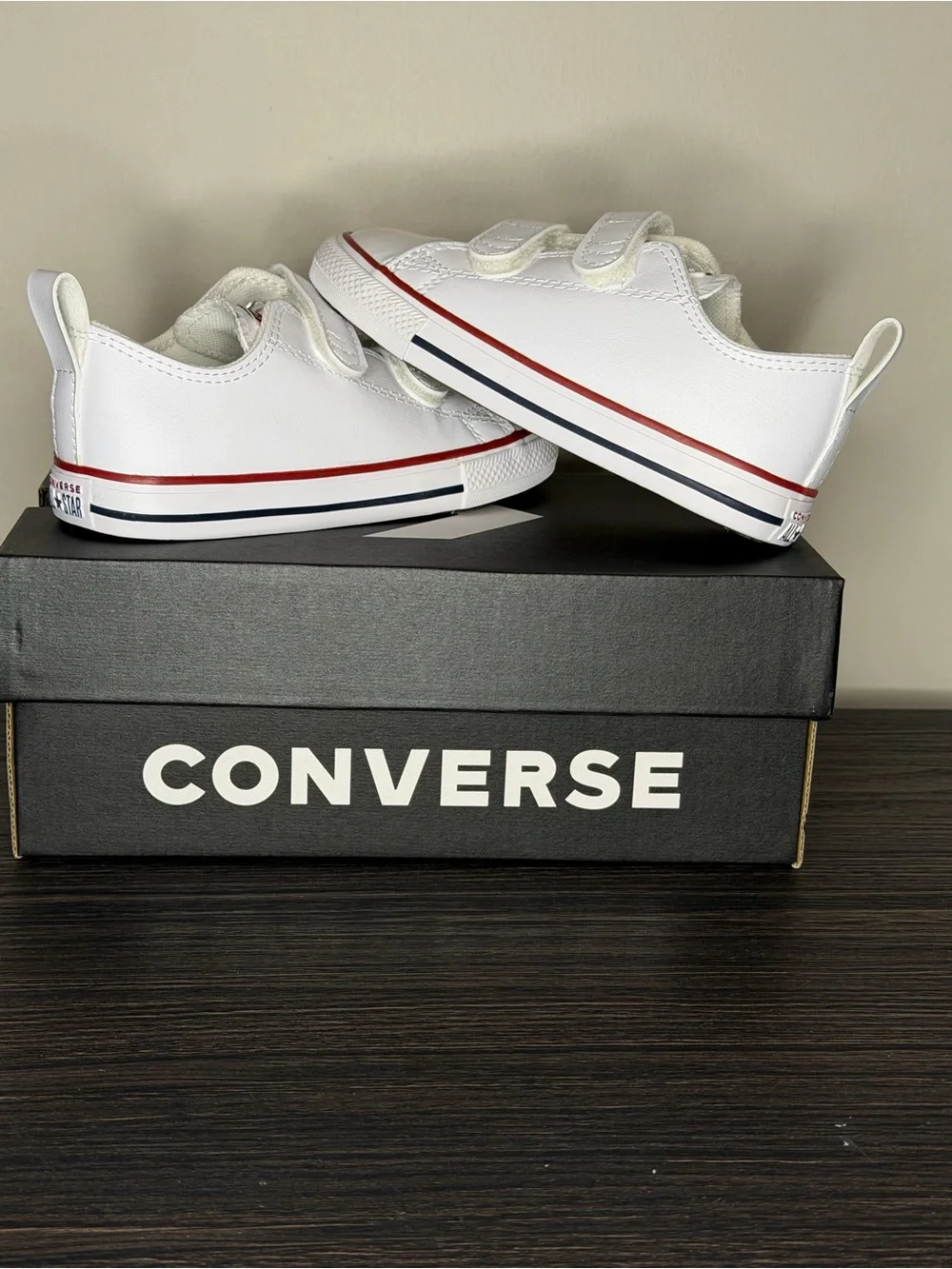 Converse Kids White Sneakers with Red & Navy Stripe